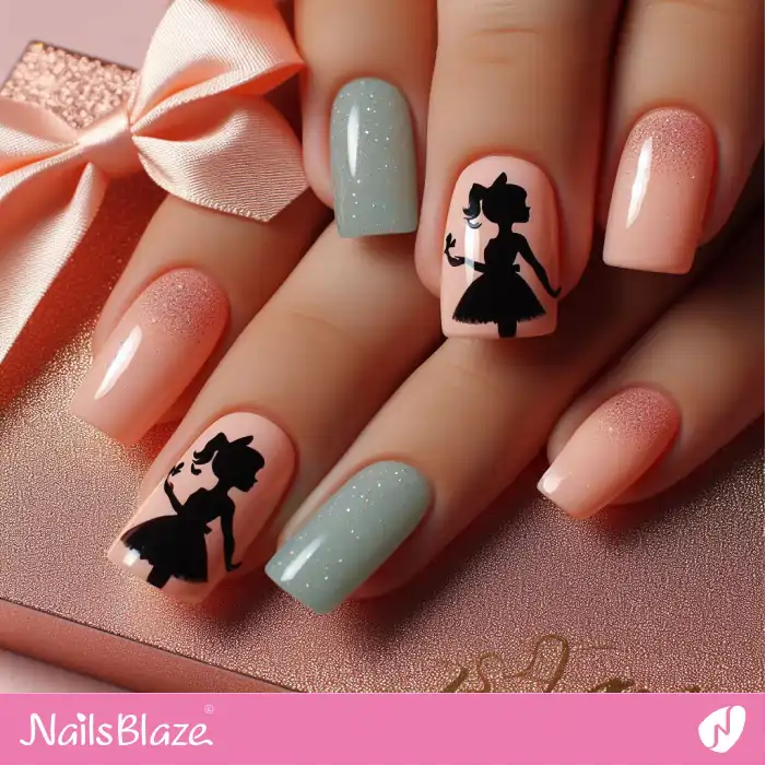 Silhouette Girl with Head Bow Shimmer Peach Fuzz Nails | Color of the Year 2024 - NB1957